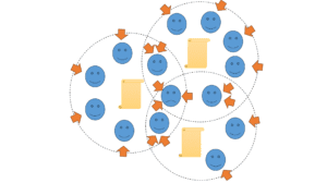 A represention of teaming which pushes people to the work, with multiple projects. Some people are surrounding and being pushed to multiple projects.