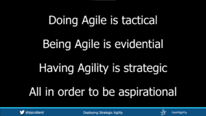 Slide from a workshop on Deploying Strategic Agility with the content:
Doing Agile is Tactical
Being Agile is Evidential
Having Agility is Strategic
All in order to be Aspirational